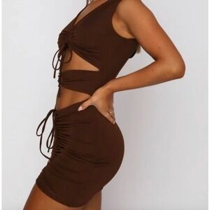 White Fox Brown Cutout‎ Mini Dress Ruched Bodycon Sleeveless Party Cocktail Sz M